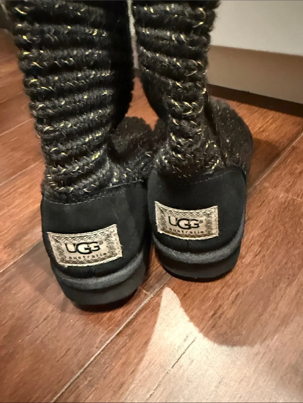 UGG Black Knit-Trim Mid-Calf Boots with Gold Threading